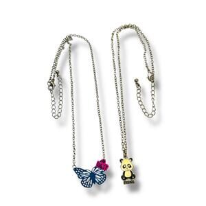 Lot of 2 Silvertone Pendant Necklaces 15-17.5" Panda Butterfly
